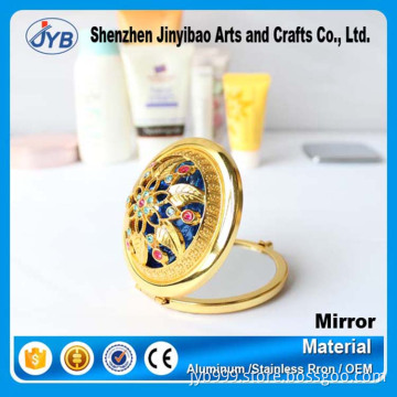 Custom logo shape 70mm metal round gold compact mirrror with rhinestone